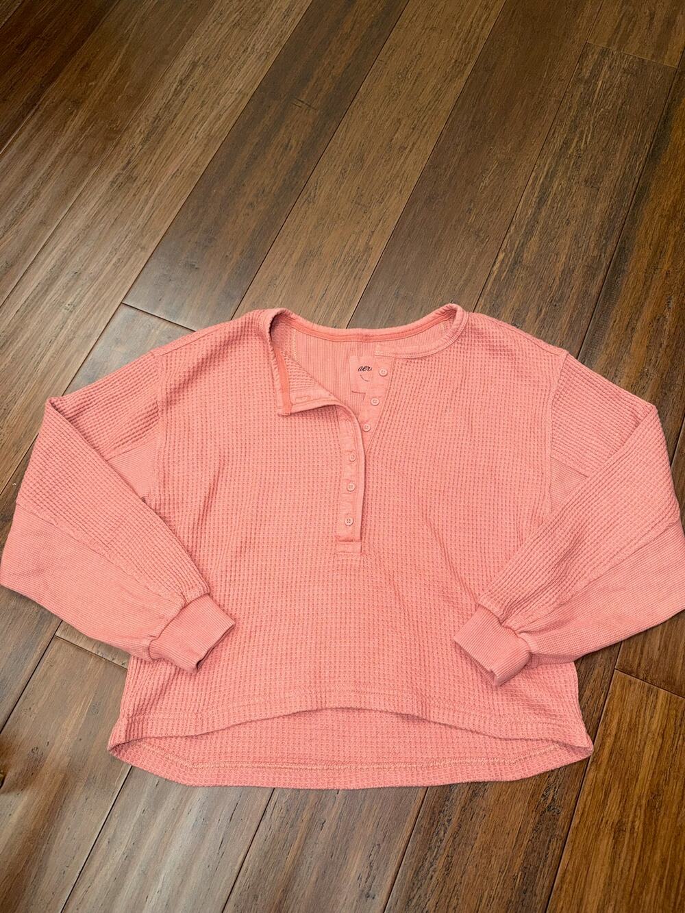 Aerie Waffle Henley Shirt in a dusty pink / coral XS
